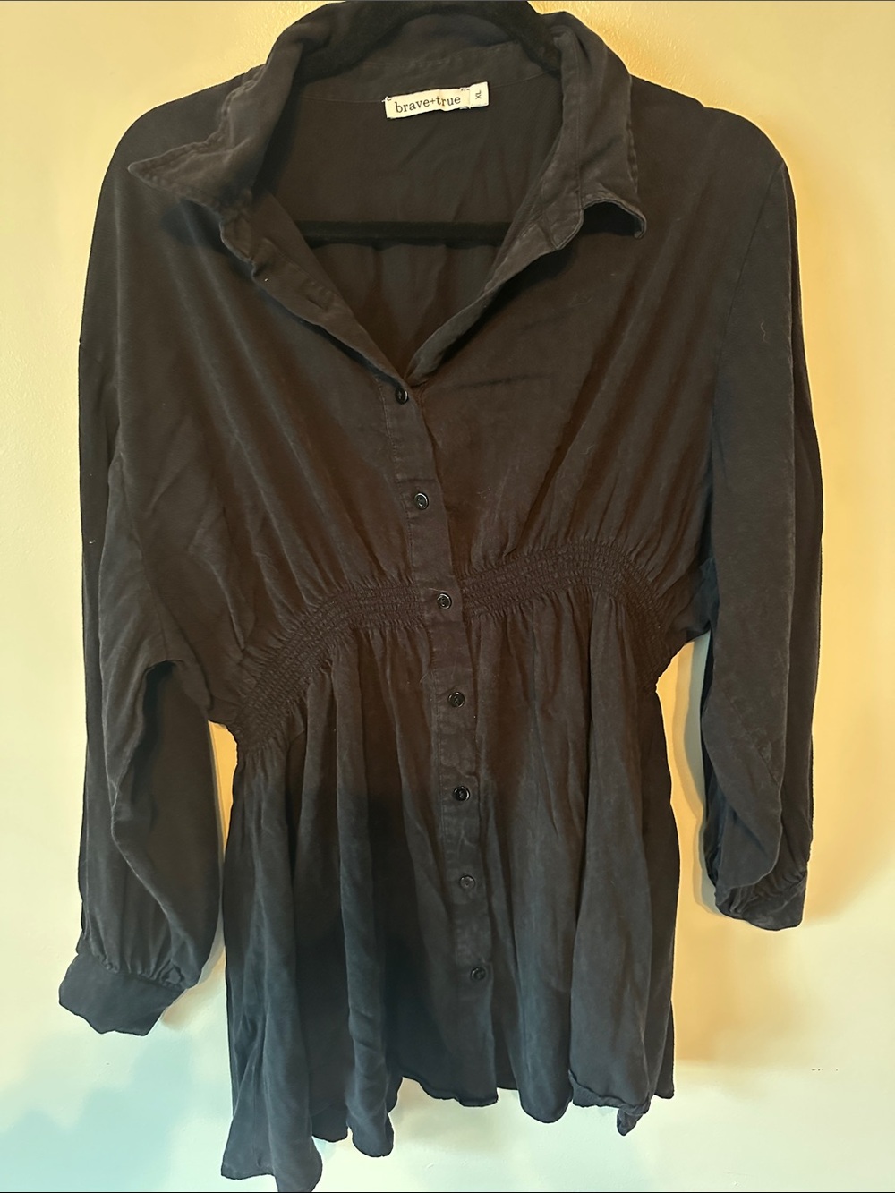 Brave + True Black Long-Sleeve Button Front Smocked-Waist Dress XL